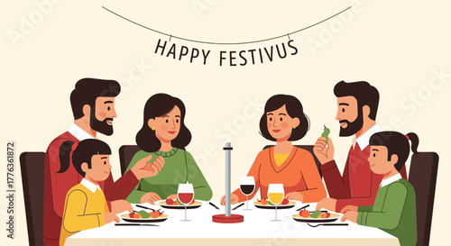 A multi-generational family is gathered around a dinner table, celebrating Festivus with a banner overhead.