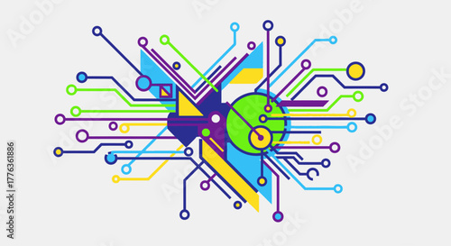 Abstract illustration of interconnected circuits and geometric shapes, representing technology and data flow.
