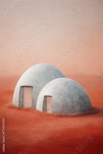 Compact Martian habitat house with domes against red dusty landscape