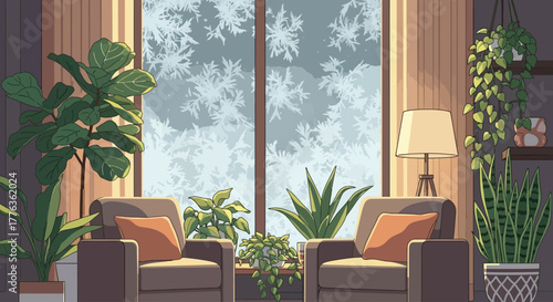 Cozy indoor scene featuring two armchairs, lush plants, and a large window with a winter view.