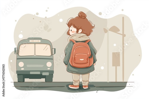Child with backpack standing at bus stop, minimal background with stylized school bus and soft neutral tones