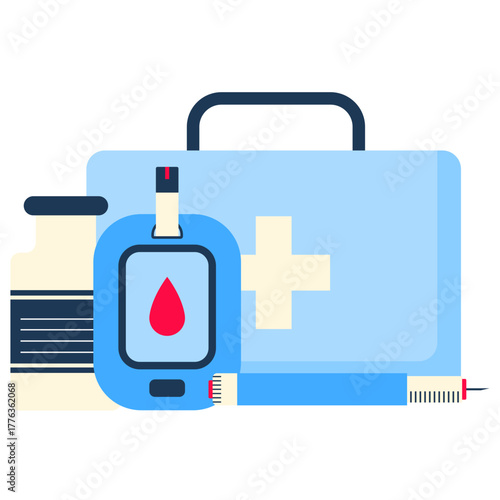 World diabetes day illustration. Blue universal circle and ribbon symbol for diabetes in red drop blood sign. Vector isolated