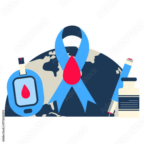 World diabetes day illustration. Blue universal circle and ribbon symbol for diabetes in red drop blood sign. Vector isolated