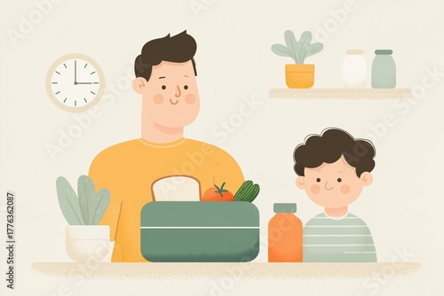 Child preparing lunch box on kitchen counter with parent. Simple food shapes, calm back-to-school morning mood