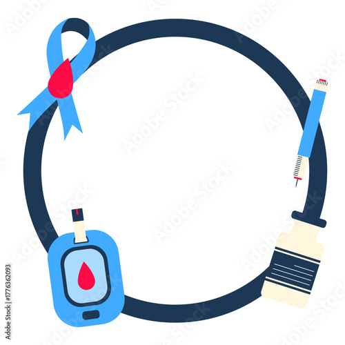 World diabetes day illustration. Blue universal circle and ribbon symbol for diabetes in red drop blood sign. Vector isolated