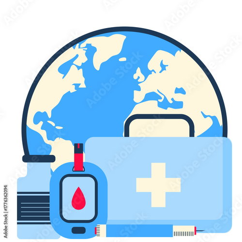 World diabetes day illustration. Blue universal circle and ribbon symbol for diabetes in red drop blood sign. Vector isolated