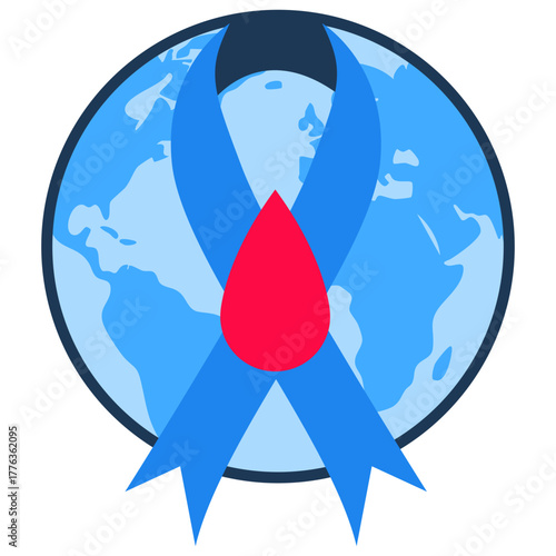 World diabetes day illustration. Blue universal circle and ribbon symbol for diabetes in red drop blood sign. Vector isolated