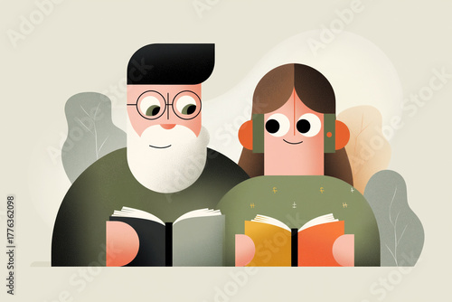 Grandparent reads book while teenager listens with earbuds, happy interaction, modern illustration