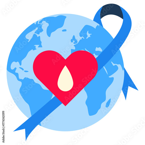 World diabetes day illustration. Blue universal circle and ribbon symbol for diabetes in red drop blood sign. Vector isolated