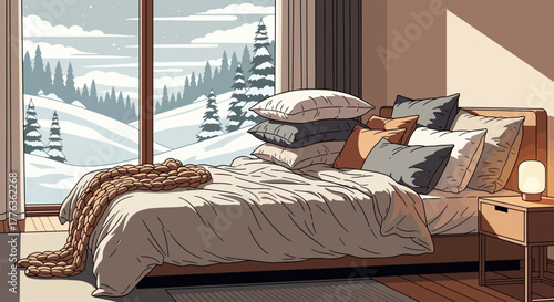 Cozy bedroom with a large window overlooking a snowy winter landscape and pine trees, featuring a comfortable bed with many pillows and a warm blanket.
