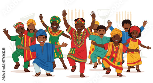 A joyful group of African children in colorful traditional clothes dancing together on a white background.