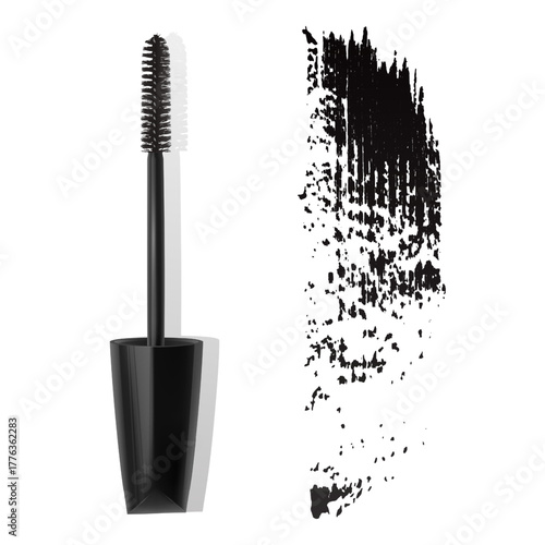 A mascara tube and a wand applicator. Cosmetic black bottle with eyelash brush. Isolated on white background. black brush stroke, 3d realistic vector illustration