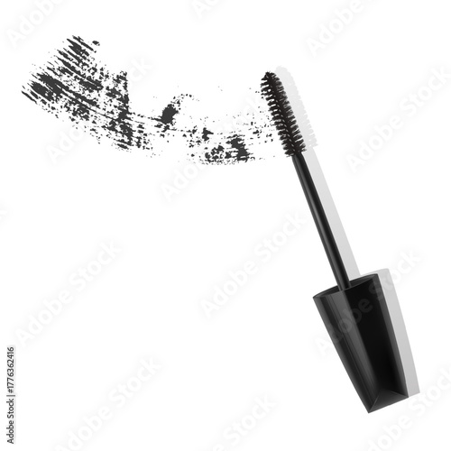 A mascara tube and a wand applicator. Cosmetic black bottle with eyelash brush. Isolated on white background. black brush stroke, 3d realistic vector illustration