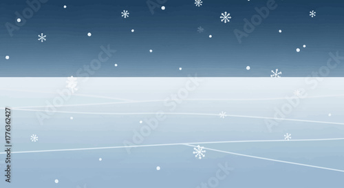 A serene winter scene with falling snowflakes over a blue and white abstract background.