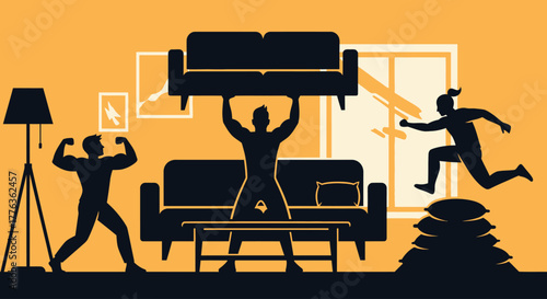 Silhouette illustration of people moving furniture, showing strength and activity.
