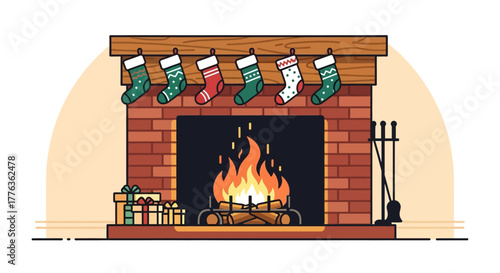 A cozy brick fireplace with a roaring fire, decorated with festive Christmas stockings and gifts, evoking a warm holiday atmosphere.