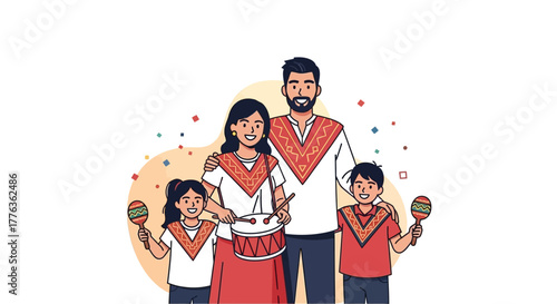 A family of four celebrating with musical instruments, wearing matching outfits.