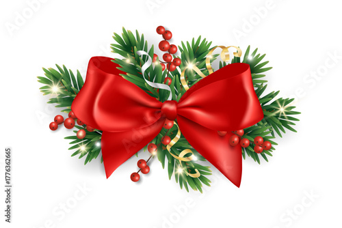Christmas tree branch arrangement with red bow, ribbon and holly berries, gold and silver ribbons isolated on white. Festive vector clipart. Transparent background in vector file.