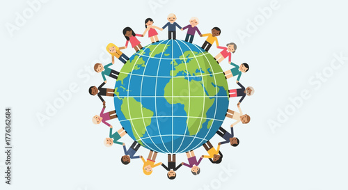 Diverse group of people holding hands around the globe, symbolizing unity and global community.