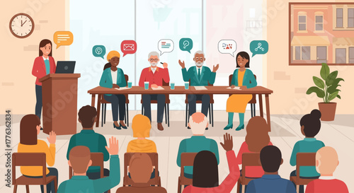 A diverse community participating in a town hall meeting with a panel of speakers and an engaged audience.