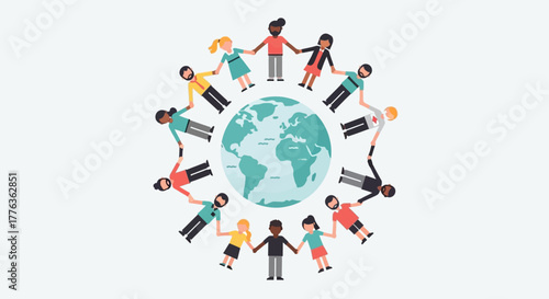 A diverse group of people holding hands around the Earth, symbolizing global unity and community.