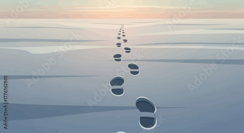 A long trail of footprints stretches across a vast, snowy landscape towards a distant, glowing horizon at sunrise or sunset.