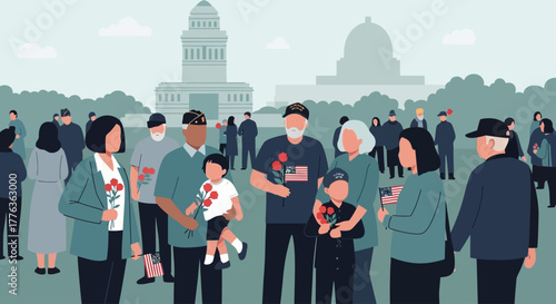 Illustration of a crowd of people holding flowers in front of a building.