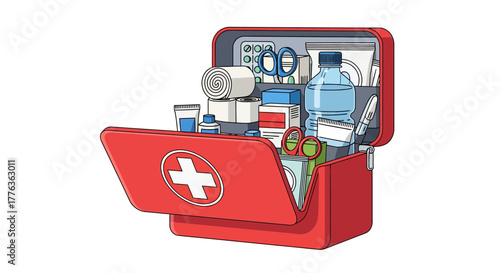 Open red first aid kit with medical supplies and instruments ready for use, healthcare