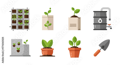Urban Gardening Vector Icons, vertical garden, rain barrel, and trowel for city farm branding