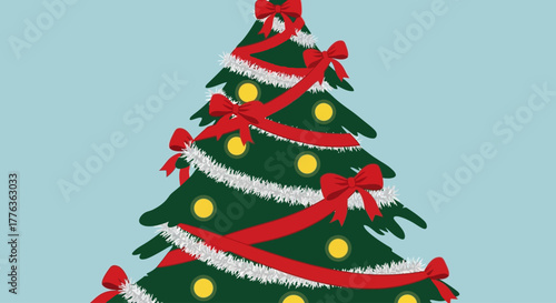 A festive illustration of a decorated Christmas tree with red bows and ornaments.