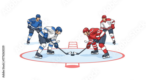 Dynamic vector illustration of an ice hockey face-off between two opposing teams on a professional rink during a game