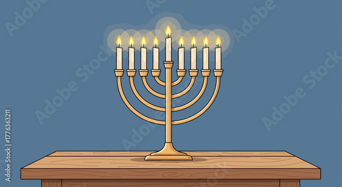 An illustrated golden Hanukkah menorah with nine lit candles resting on a wooden table against a blue background.