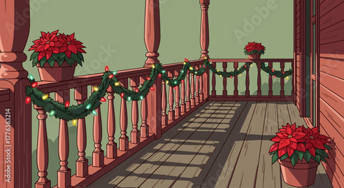 A cozy wooden porch decorated for the Christmas holiday with festive garlands, colorful lights, and red poinsettia plants.