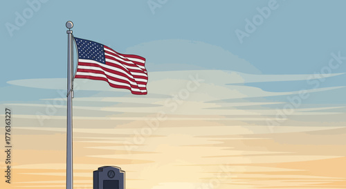 An American flag waves proudly on a flagpole against a backdrop of a serene sky with soft clouds.