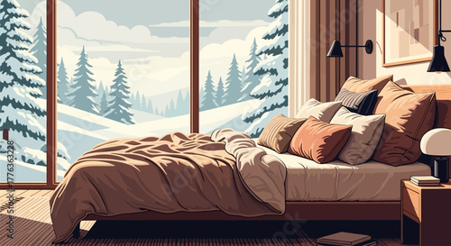Cozy bedroom with a large window overlooking a serene snowy winter landscape with pine trees.