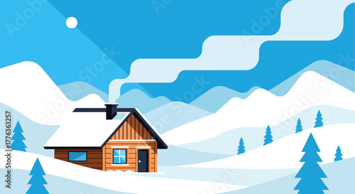 A cozy wooden log cabin with smoke rising from its chimney in a snowy mountain landscape during winter.