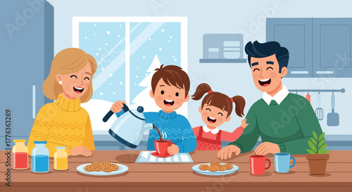 A happy family enjoying hot drinks and cookies in a cozy kitchen during winter with snow falling outside.