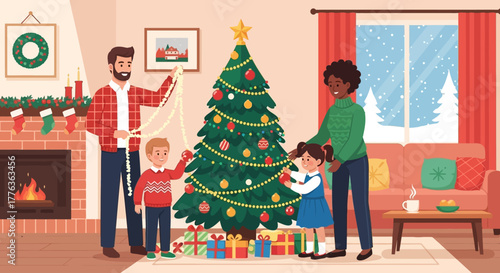 A happy multiracial family with two children decorating a Christmas tree together in a cozy living room with a fireplace.