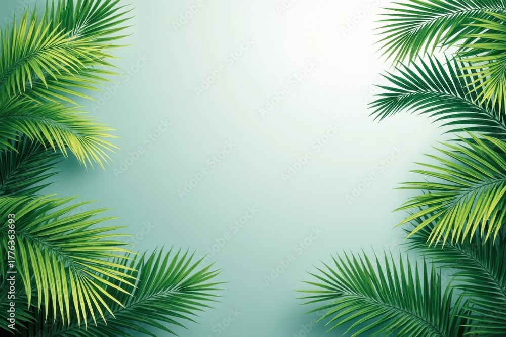 Obraz premium Tropical green palm leaves border on teal background for copy space.