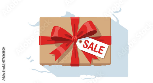 A brown gift box wrapped with a bright red ribbon and bow, featuring a white 'SALE' tag attached.