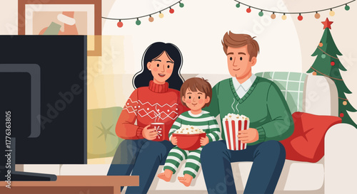 A family of three, including parents and a young child, enjoying a cozy Christmas movie night at home, complete with popcorn and festive decorations.