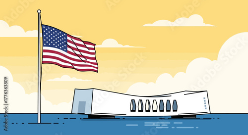 Stylized illustration of the USS Arizona Memorial at Pearl Harbor with an American flag flying proudly against a warm sky.