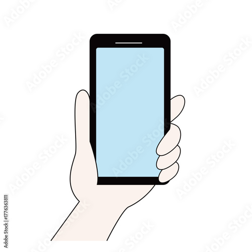 片手でスマートフォンをまっすぐ持つイラスト（青い画面）