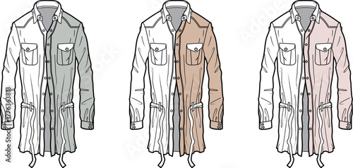 Three variations of a lab coat, shown in light gray, tan, and light pink, with collars, pockets, and button closures