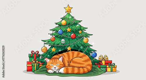 A cozy Christmas scene featuring a sleeping orange tabby cat nestled under a decorated tree.