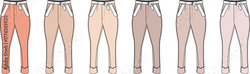 Fashionable trousers displayed in a spectrum of neutral and pastel shades, showcasing different styles and cuts