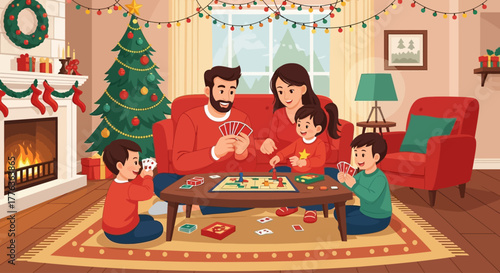 A family of four plays a board game by the fireplace and Christmas tree on Christmas Eve.
