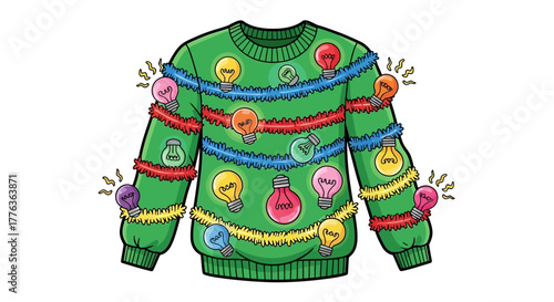 A vibrant green ugly Christmas sweater adorned with colorful string lights and festive tinsel, sparkling brightly.