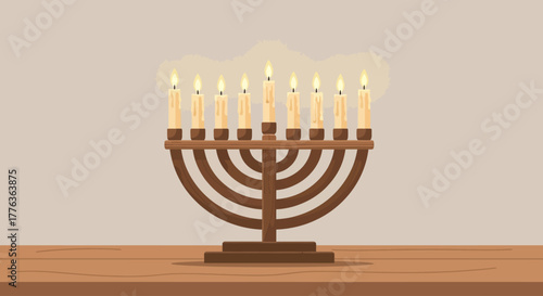A wooden menorah with nine lit candles stands on a wooden surface against a neutral background.