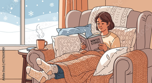 A young woman relaxes in a cozy armchair by a window, reading a book and enjoying a warm drink on a snowy winter day.
